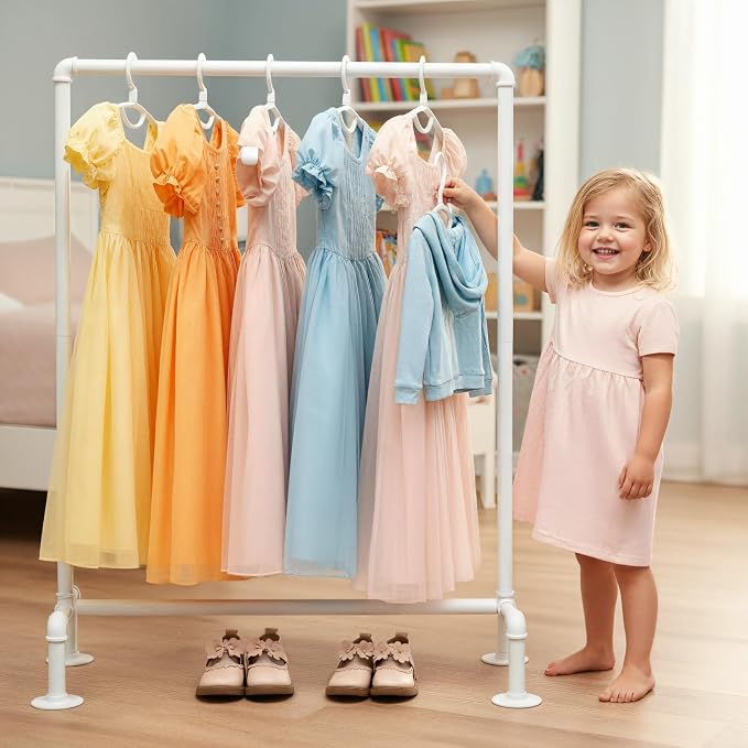 Kids Pipes Dress up Clothing Rack, Kids Clothes Rack, Child Garment Rack | Heavy Duty Hanging Clothes Rod, Toddler Clothing Rack, Baby Clothes Organizer, Girls Storage Wardrobe Organizers, White Metal