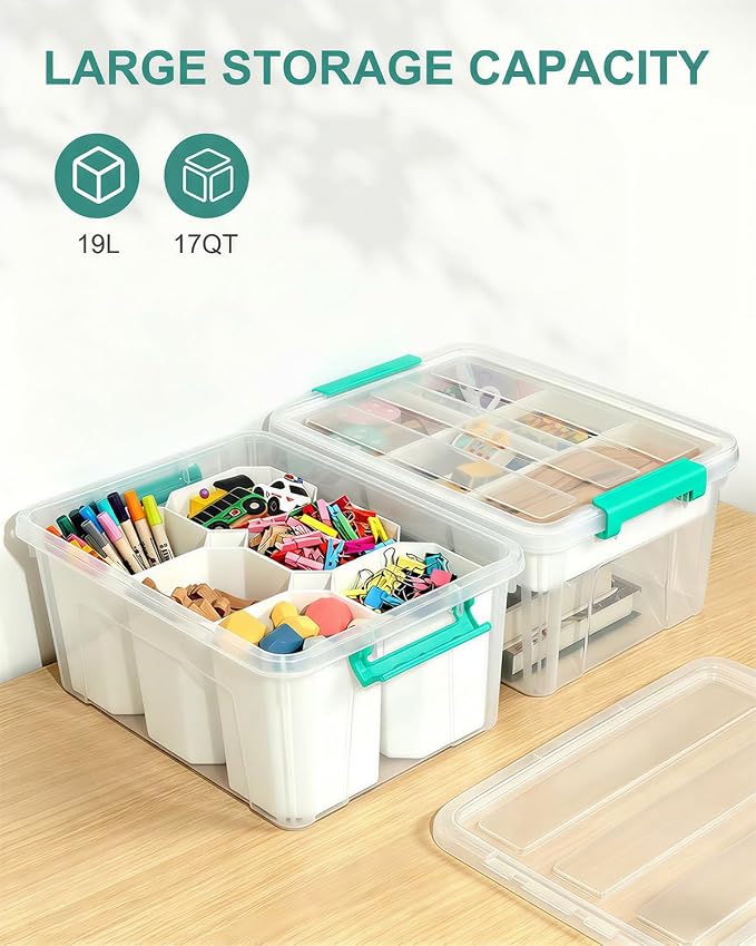 EOENVIVS Clear Storage Tote with 6 Tall Inserts, Large Plastic Organizer Box with Lid and Handles, 15.94x11.61x7.28 Inches, Multi-Functional Container for Cosmetics, Toys, School Supplies