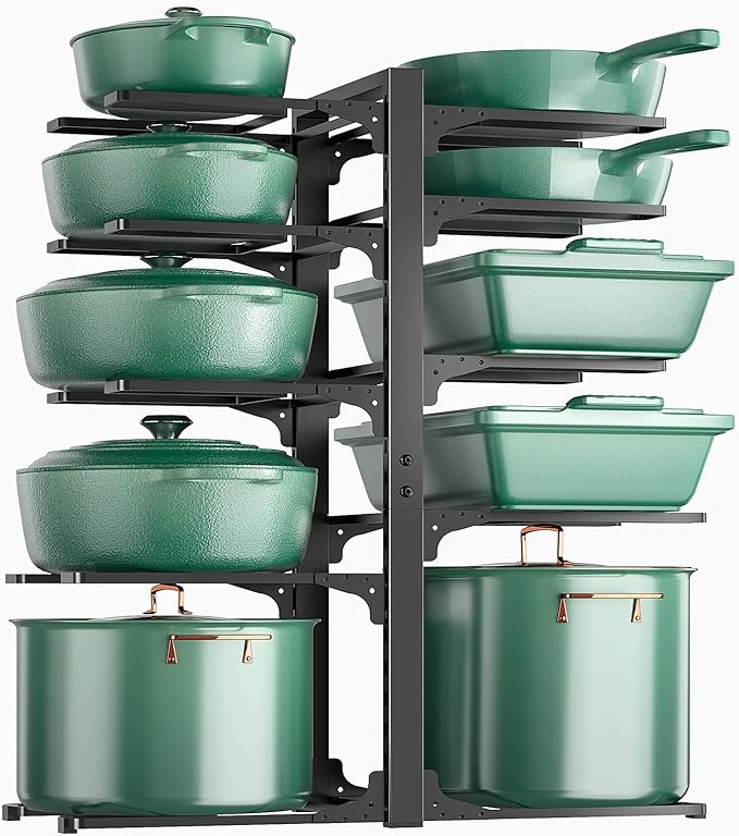 Pots and Pans Organizer Under Cabinet 23.6" 10-Tier Adjustable Black | 2 DIY Modes, Tool-Free Assembly, Max 150 Lbs, Fits Large Stockpots, Cast Iron Pans & Heavy Cookware, For Kitchen Cabinets