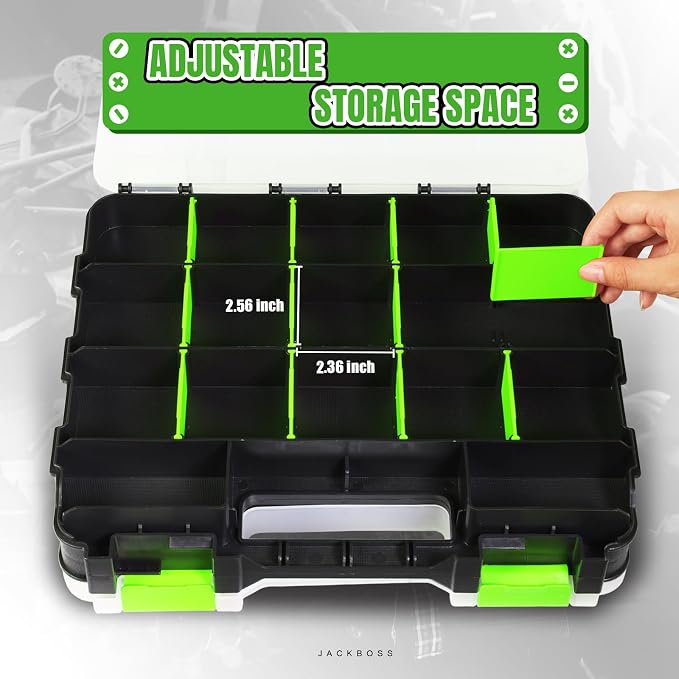 Jack Boss Tool Box with Transparent Lid, Double Side 34-Compartments Organizer Box with Removable Dividers for Hardware, Screws, Bolts, Nails, Beads, Jewelry and Fishing Accessories, Green, 1 Pack