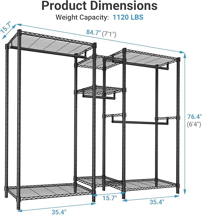 VIPEK Classic V6 Plus Wire Garment Rack, Dynamic Closet System Adjustable | Large Heavy Duty Metal Freestanding Clothing Rack 1120lbs Capacity, 7FT Wide Closet Organizer System for Bedroom, Black