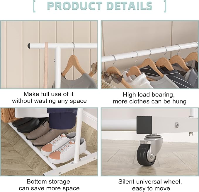 Sywhitta Double Rod Metal Clothing Garment Rack on Wheels, White | Rolling Clothes Organizer, for Hanging Clothes,Coats,Easy to Assemble,Space-Saving,Mobile Organizer for Closet