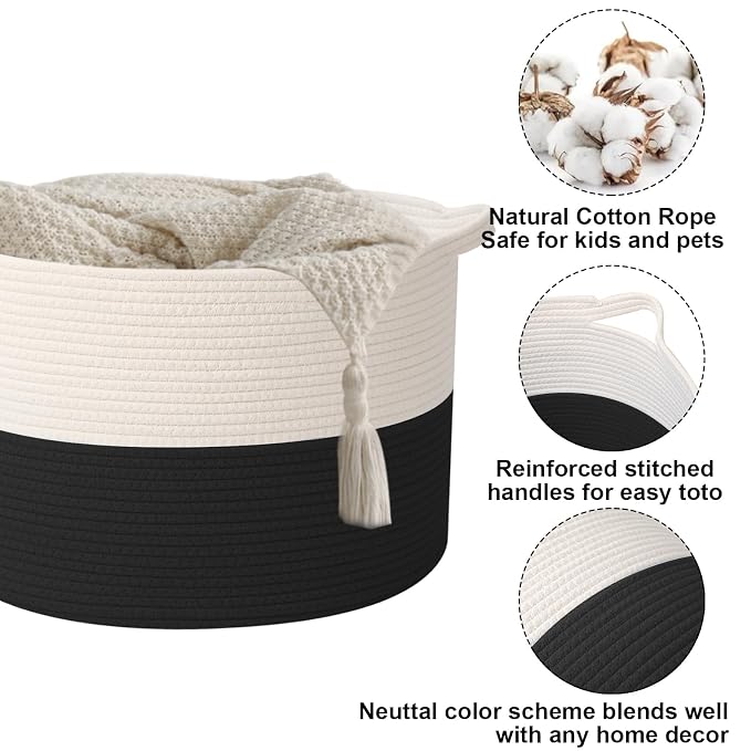 90L Extra Large Blanket Basket,Woven Laundry Basket-White&Black | Collapsible, reinforced handles, nursery storage bin organizes clothes, toys and pillows for living room, bedroom bathroom