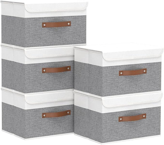 Yawinhe Collapsible Storage Boxes,White/Grey,10.2x7.9x6.7in,5-Pack | Fabric Storage bin with Lids, Washable Cube Organizer Basket; Container with Leather Handle,Closet Organizer for Home