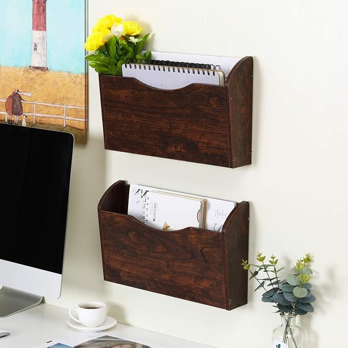 PAG Wall File Holder Wall Mounted Wood Hanging File Organizer for Office, 2 Pockets, Brown