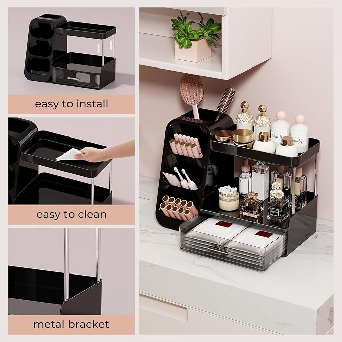 UFORU Makeup Organizer Countertop with Brush Holder for Vanity Bathroom | 3 Tiers Design, Large Capacity, Thickened Plastic, Detachable Brush Holder, Clear Drawer, Quick Access, Space-Saving