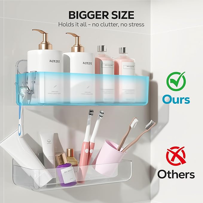 Nieifi Adhesive Shower Shelves, Clear, 4 Pieces | Rustproof ABS, Large Capacity, Removable Design, Easy-Clean, No Drilling Shower Organizer for Bathroom Storage & Home Decor