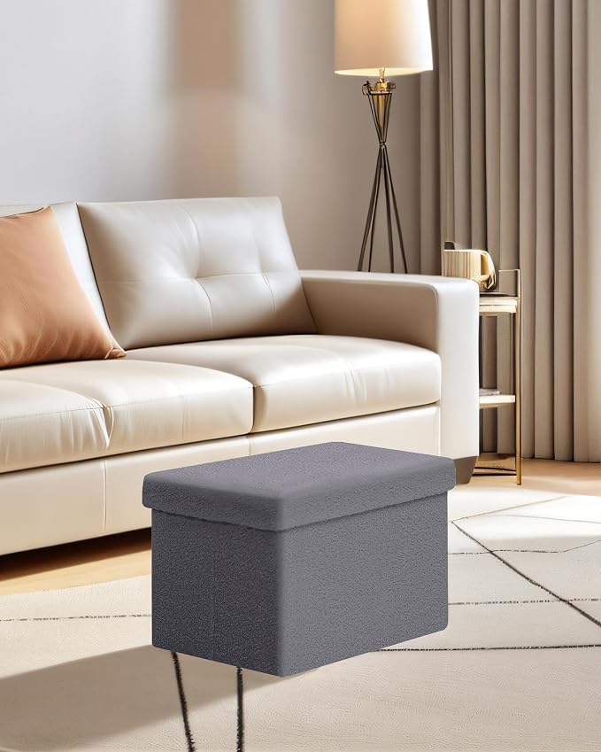 Small Ottoman with Storage, Sherpa Storage Ottoman Cube, Boucle Folding Foot Rest for Dorm, Living Room, Bedroom, Grey, 16.5"x12.6"x12.6"