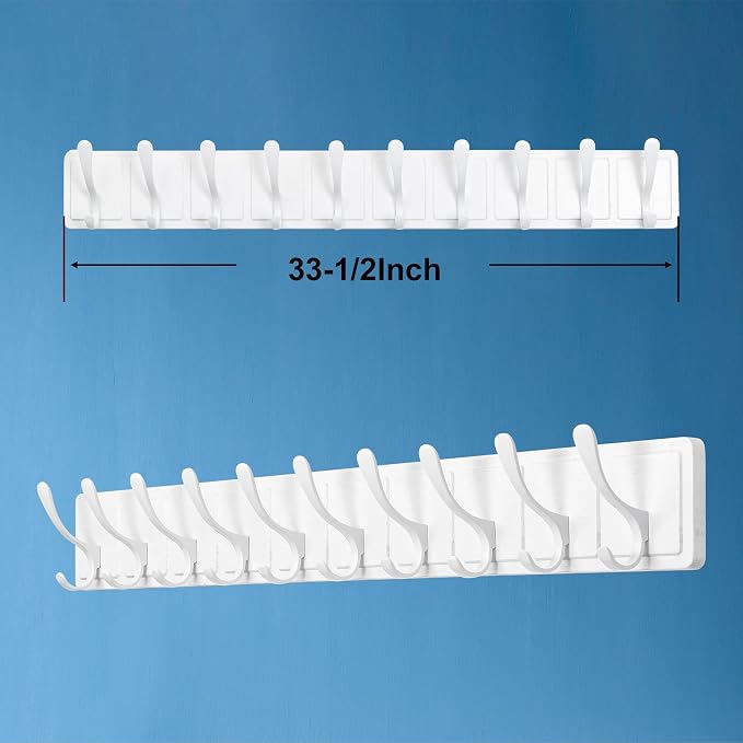 SKOLOO Scandi-Style Wooden Carved-Block Coat Hook, Wall Coat Hanger with 10 Hooks for Hanging Clothing, Hats, Scarves, White