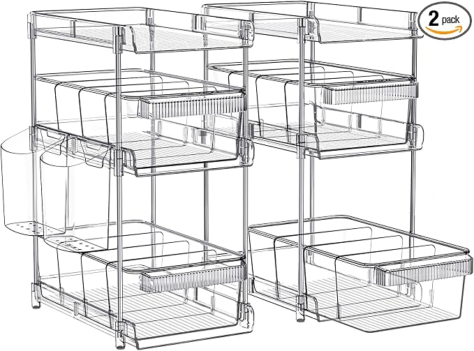 WAKISA 2Pcs Pull Out Organizer and Storage with Cups and Removable Dividers | Slide Out Drawer Storage Containers for Bathroom, Kitchen and Under-Sink Organization with 2 Cups and 6 Removable Dividers