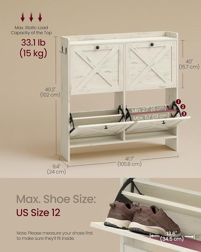 VASAGLE Shoe Storage Cabinet Organizer with 4 Flip Drawers, Freestanding Narrow Shoe Rack Cabinet for Entryway, Farmhouse Style, Fits 14 to 16 Pairs, Cloud White UHSC403WJ01