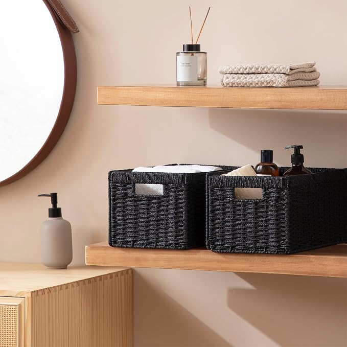 joybest Black Wicker Baskets for Shelves, Hand-woven Storage Baskets | 13.4L x 8.3W x 7.1H inch for Pantry, Kichen Organizing, Foldable Rectangular Bin with Handles, 4-pack