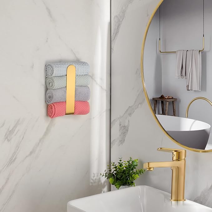 Taozun Gold Towel Holder Adhesive Hand Towel Bar Rack Brushed Brass Finish | Towel Ring, Stainless Steel, Rustproof, No Drill, Strong Stick, Rustproof, Sleek Nodern Look, Renter/RV Friendly, 7.9 Inch
