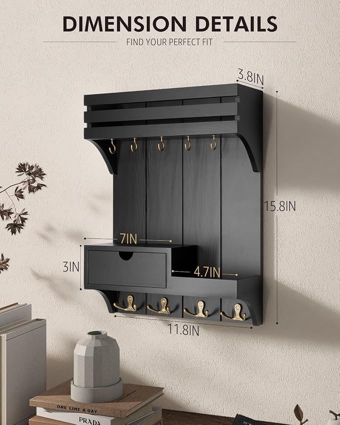 Rebee Vision Key Holder Wall Mount with 9 Key Hooks for Home Decor, Black | Sturdy Wood, Key Holder for Wall, Mail Sorter, Floating Wall Shelf, Drawer Organizer, Key Hanger Room Decor Aesthetic