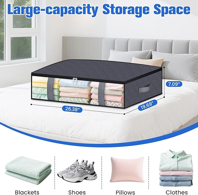 TasticTotes Under Bed Storage Containers, 4 Pack Blanket Storage Bags, Collapsible Storage Bags with Big Zippers, Clear Front, Shoe Storage and Organization for Clothes, Comforter, 60L, Grey