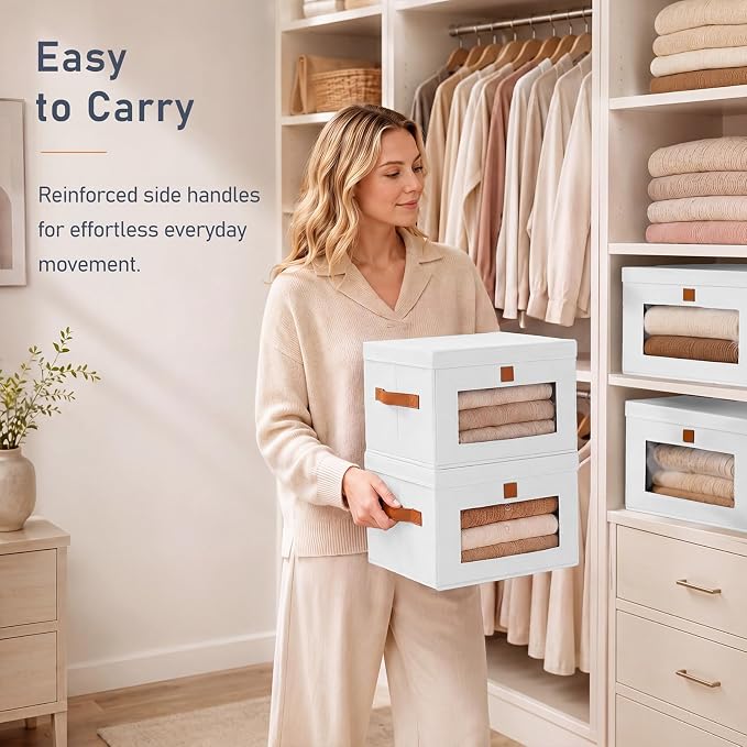 DIMJ Storage Bins with Lids - 6 Pack Front Opening Stackable Fabric Storage Boxes with Clear Window & Handles, Collapsible Closet Organizers for Clothes, Sweaters, Shelf Storage, Bedroom, White