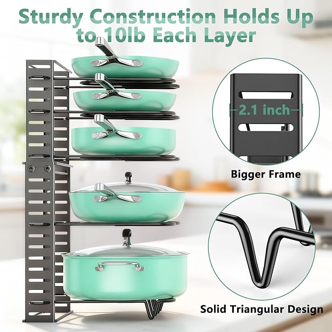 Pots and Pans Organizer Under Cabinet Expandable, 8-Tier Adjustable | Expandable 11.7–19", 3 DIY Modes, Tool-Free Assembly, Non-Slip, Fits Pots 6–11", For Kitchen Cabinets, Shelves & Countertops
