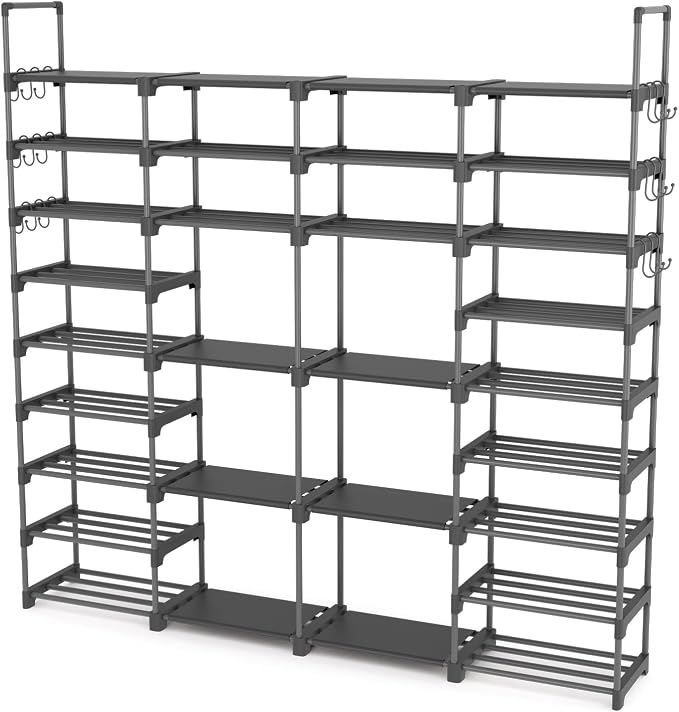 ROJASOP Large Shoe Rack Organizer for Entryway Closet 64-68 Pairs 9-Tier Heavy Duty Tall Garage Shoe Rack Shoe Shelf Shoes Storage with 18 Pcs Removable Side Hooks for Bedroom and Garage Grey