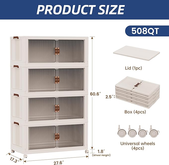 SAILUN 127Gal/508Qt Extra Large Stackable Storage Bins Folding Collapsible Storage Bins with a Lid, Closet Organizers Blush White 28" W x 17" D x 61" H