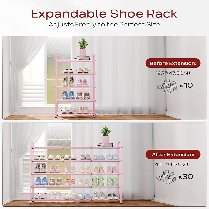 Bumusty 5 Tier Long Expandable Shoe Rack for Closet, Pink | 18"-44" Adjustable Shoe Rack for Entryway, Shoe Organizer for Dorm, Front Door, Sturdy Metal