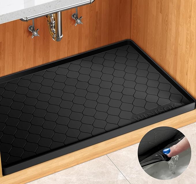 Winisok Waterproof Under Sink Mat 37" x 22", Silicone Mat, Black | Raised Edge Traps Spills & Leaks, Shelf Liner, Cabinet Protector, for Kitchen, Bathroom, Boots, Pets, Home Essentials