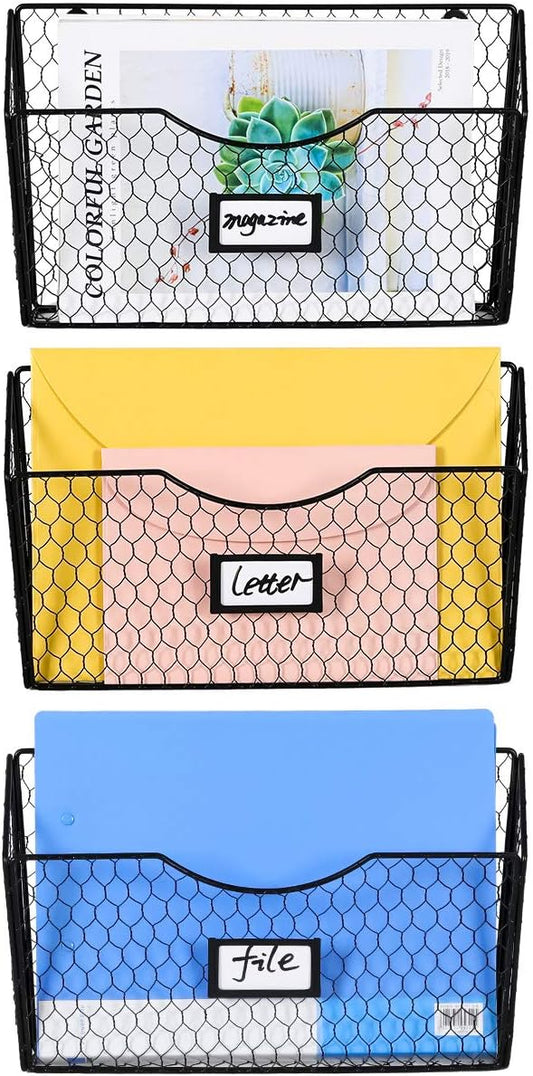 3 Pockets Hanging File Holder Wall Mount Mail Organizer Metal Chicken Wire Magazine Rack with Tag Slot, Black