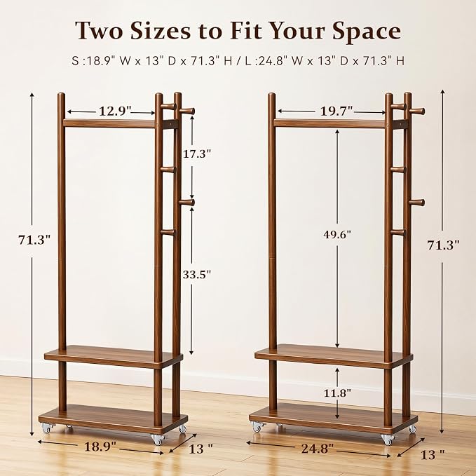Taitiy Coat Rack Freestanding Wood Garment Rack 2 Shelves 5 Hooks | Bedroom hallway entryway living room hotel, durable wood construction, mobile wheel design, coats clothes bags storage