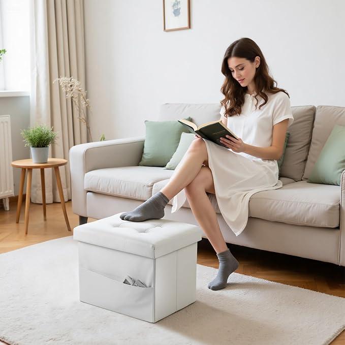 Bsketa Storage Ottoman Bench,16 Inch Folding Leather Foot Rest Stool, White | Small Ottoman with Side Pockets, Thicker Foam Padded Seat, Livingroom, Dorm, Bedroom, Easy to install, 38L, 16x12x12in