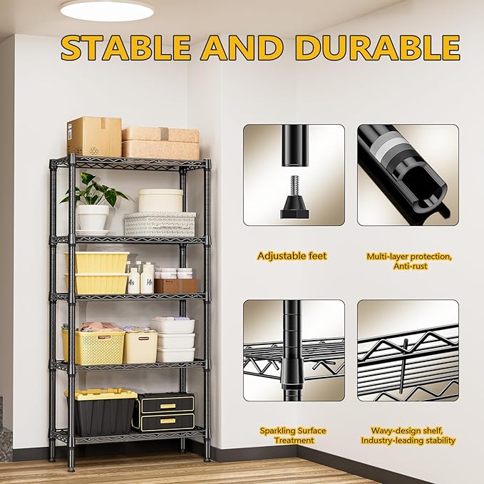 M MZG 1250 lbs 5 Tier Shelf Metal Storage Shelves Shelving Wire Rack Heavy Duty Closet Organizers for Garage Kitchen Bathroom Laundry Black 13.8" D x 29.5" W x 59.5" H