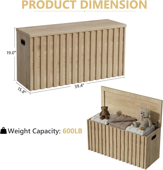 Storage Bench Set of 2, 39.4" Wood Storage Trunk with 2 Safety Hinges, Sturdy Storage Chest, Fluted Storage Bench for Bedroom, Shoe Bench for Entryway, Living Room (Ivroy White)