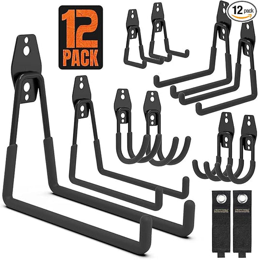 SMARTOLOGY Garage Hooks, 12 Pack Wall Storage Hook Includes 2 Extension Cord Holder, Utility Organization, Heavy Duty Wall Mount Hangers for Hanging Bike, Ladder, Garden Tools
