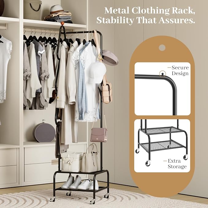Clothes Rack, Metal Garment Rack with Wheels and Shelves, Rolling Portable Clothing Racks for Hanging Clothes, Freestanding Storage Solution for Small Spaces (Black)