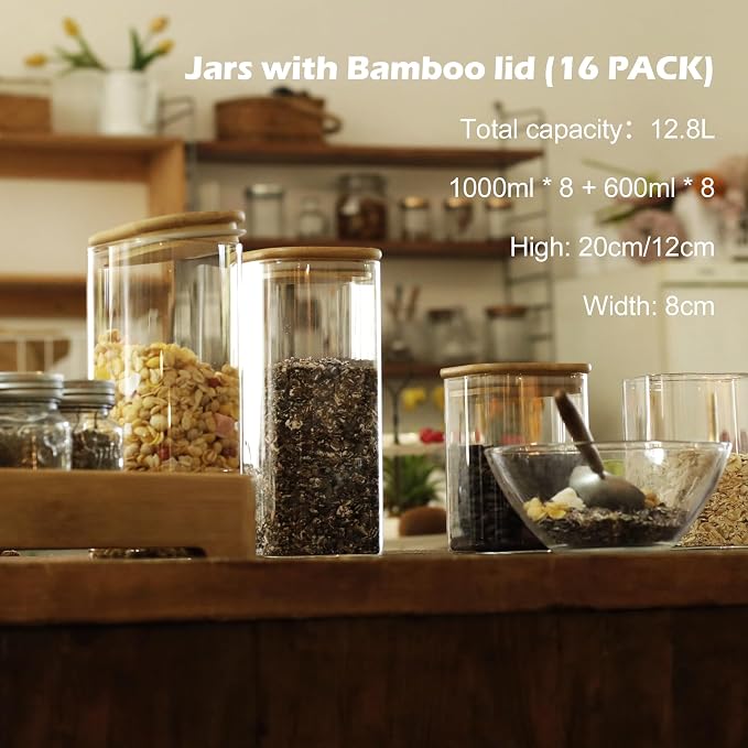 LIBWYS 16-Pack Square Glass Storage Jars with Bamboo Lids (0.6Qt/1.06Qt) | Stackable Dry Food Containers for Pantry Organization, Coffee, Flour, Snacks, Tea, Pasta, Spaghetti | Kitchen Canisters Set