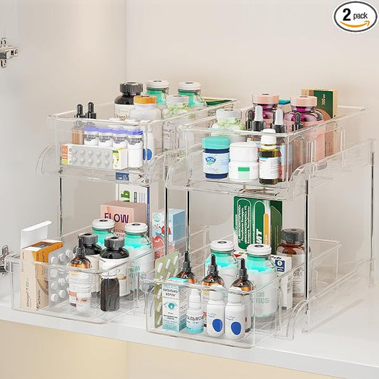 Sevenblue 2-Pack 2-Tier Under Sink Organizers with Sliding Drawers | Multi-use kitchen & bathroom storage, 10.6 inch clear cabinet organizer, space-saving sliding drawer design.