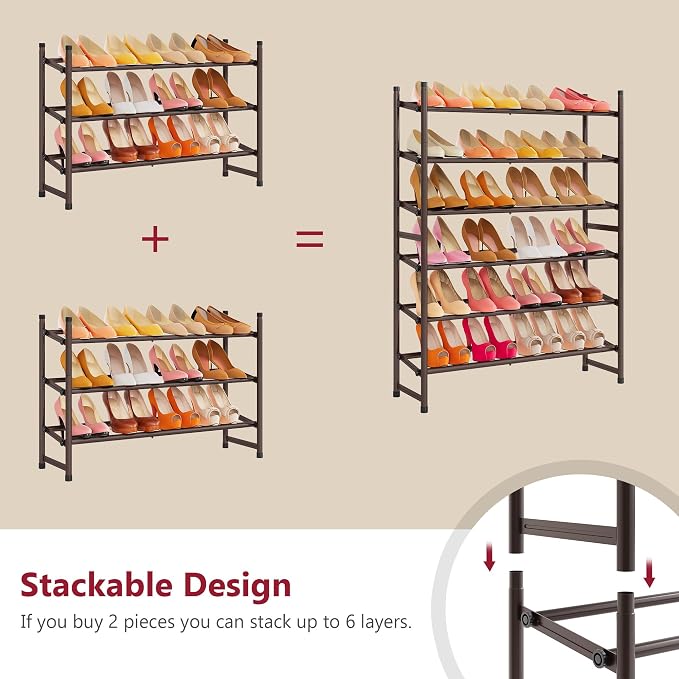 Expandable Shoe Rack for Closet 3 Tier, 28“-41“Stackable, Bronze | Adjustable Shoe Organizer Closet Shoe Rack Floor, Metal Long Shoe Shelf Storage for Entryway, Garage, Front Door Entrance