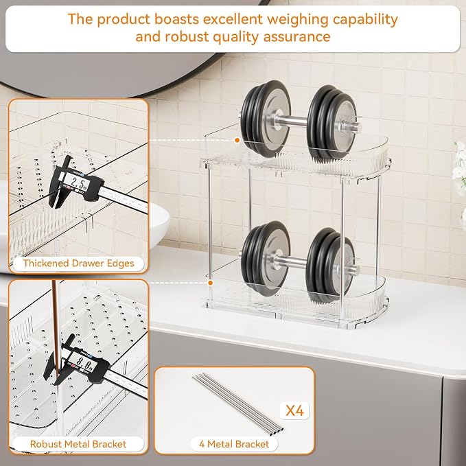 3 Pack 13.8″ Deep 2 Tier Under Sink Storage Organizer,Large Pull Out Bathroom Organizers and Storage,Slide Out Acrylic Undersink Storage Shelf,Kitchen Under Sink Organizer for Cleaning Products