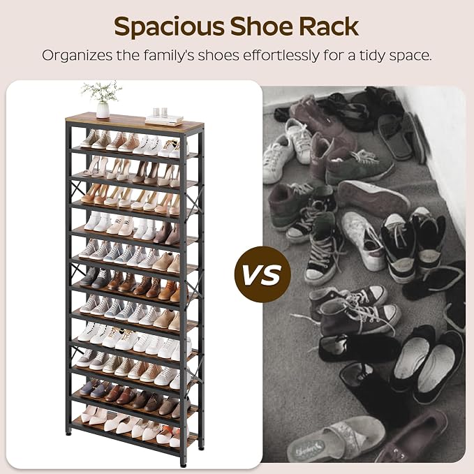 12-Tier Tall Shoe Rack Organizer, Wooden Shoe Storage for Closet Holds 48 Pairs, Sturdy Shoe Shelf with X-Shaped Metal Support, for Entryway, Bedroom, Rustic Brown and Black SS212BR