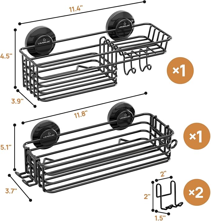 LEVERLOC Shower Caddy Suction Cup, 2 Pack Suction Shower Shelf With Hooks | Black Shower Caddies, Soap holder, NO-Drilling Bathroom Holder, Rustproof bathroom organizer