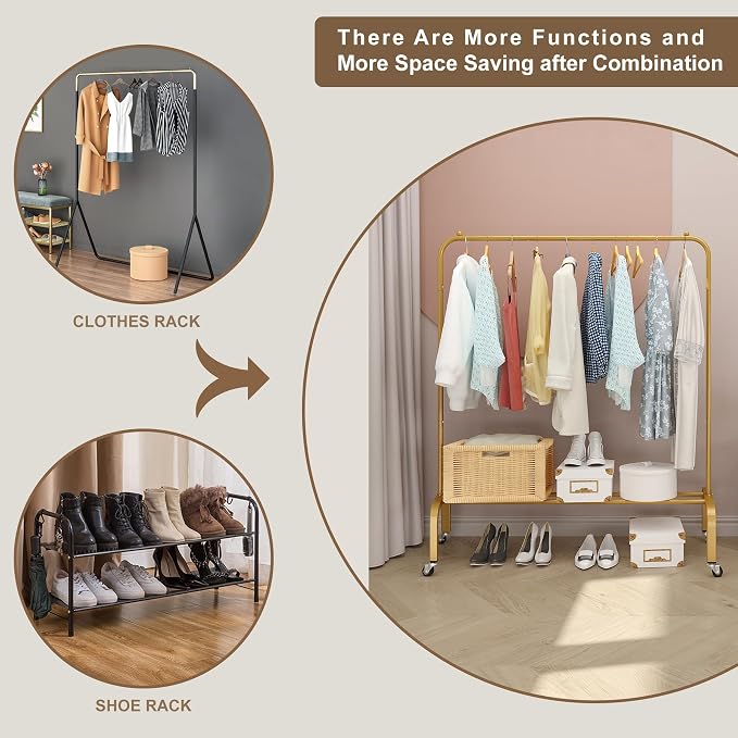 Metal Clothing Rack with Wheels 43.3 Inches Rolling Clothes Garment Coat Rack with Bottom Shelf Clothing Rack for Hanging Clothes Coats Skirts Shirts Sweaters Gold