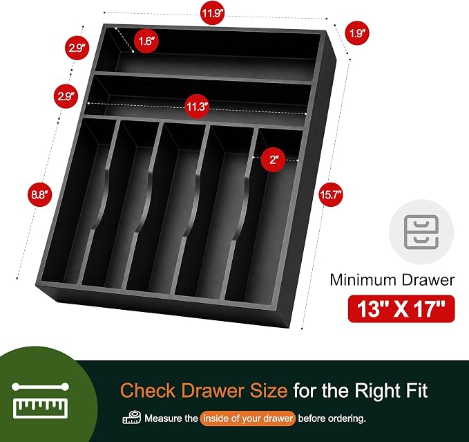 Kitchen Bamboo Silverware Organizer, Kitchen Drawer Organizer - Utensil Holder and Cutlery Tray with Grooved Drawer Dividers for Flatware 7 Slot, Black