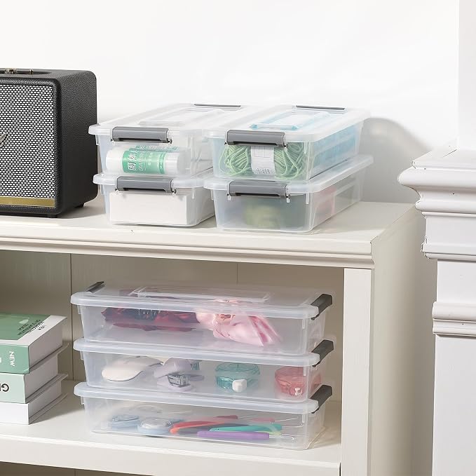 novelinks 4 Quart Clear Plastic Storage Containers with Lids (8 Pack) | Storage Bins with Lids, Stackable Small Clear Bins, Craft Storage Box, Paper Storage, Under Bed Storage Bins, Pencil Box