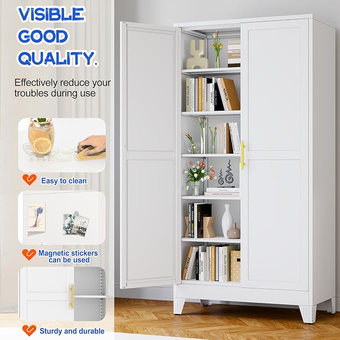 GAIOUS 79" Tall Kitchen Pantry Cabinet,Metal Storage Cabinet White Cupboard | with 2 Doors and 5 Adjustable Shelves, Freestanding Cupboard, 6 Tier Steel Storage for Office Kitchen Dining Garage Hallways