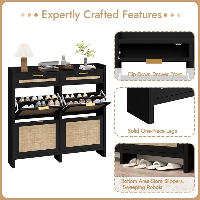 HOKYHOKY Large Rattan Shoe Storage Cabinet with 4 Flip Drawers & 2 Storages | Hidden Slim Shoe Organizer, Farmhouse Boho Narrow Shoe Rack, Large Tabletop Space, Entryway, Rustic Black