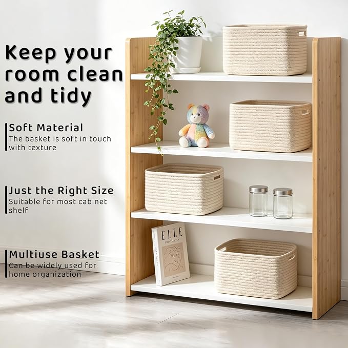 4 Pack Storage Baskets for Organizing, 11''Lx9''Wx8''H Woven Baskets for Storage Toys, Towels, Books, and Clothes, Cotton Rope Basket for Shelves with Handle