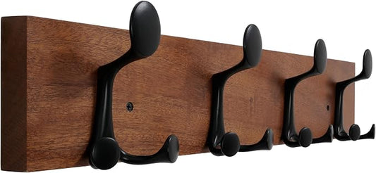 WEBI Coat Rack Wall Mount,24" Solid Wood Coat Hooks Wall Mounted Coat Hanger,16" Hole to Hole,Heavy Duty 4 Triple Hooks for Hanging Coats,Jacket,Hat,Backpack,Farmhouse,Reddish Brown