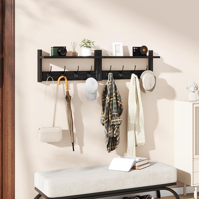 YMYNY Coat Rack Wall Mount with Shelf and Hooks, Black UHWS001B-2 | 2 Pack Wooden Wall Mounted Coat Hanger with Shelf and 8 Double Hooks, Wall Coat Rack for Entryway Hallway Bedroom Bathroom