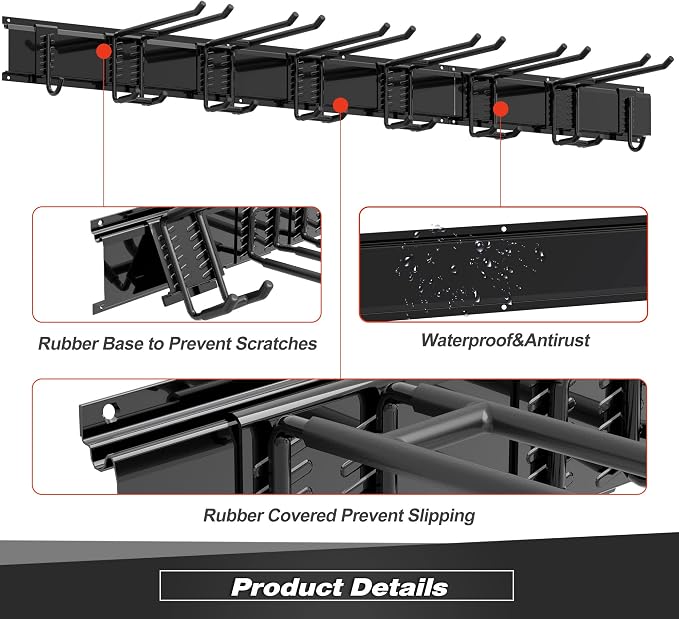 Garage Wall Organizer, Heavy Duty Tool Hangers for Garage Wall with 8 Double Hooks & 3 Rails, Tool Organizer Wall Mount, Garage Hanging Storage Rack for Shovel, Rake, Broom and Ski Gear