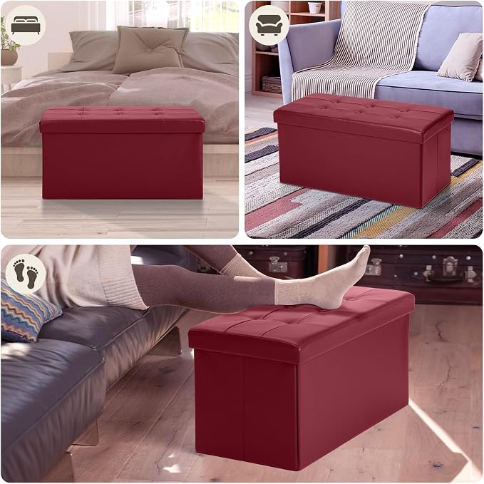 COSYLAND Ottoman Bench with Storage 30x15x15 inches White Ottoman for Room Folding Leather Footrest Footstool Rectangle Collapsible Furniture with Lid for Bedroom Living Room Burgundy