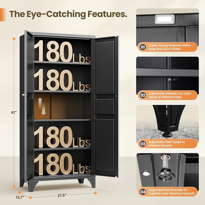 Yizosh Metal Storage Cabinet with 2 Doors and 4 Adjustable Shelves - 71" Black Kitchen Pantry Storage Cabinet,4-Tier Tall Steel Cabinet Locker for Living Room,Dining Room,Kitchen
