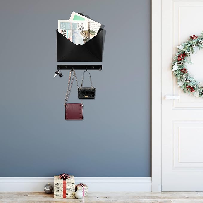 Metal Mail Envelope Holder Wall Mounted Hanging Envelope Decor Mail Organizer Holder and a Row Hook for Home Or Office